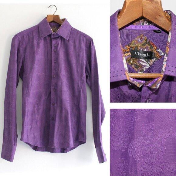 VINTAGE Vizoni Uomo Men's Purple Jacquard Button Down Shirt Size S - Picture 1 of 15